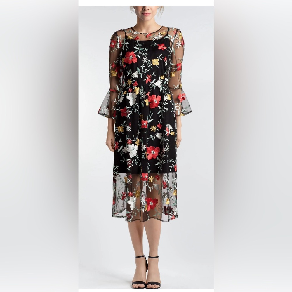ECI New York dress women’s size 14 black floral sheer mesh embroidered